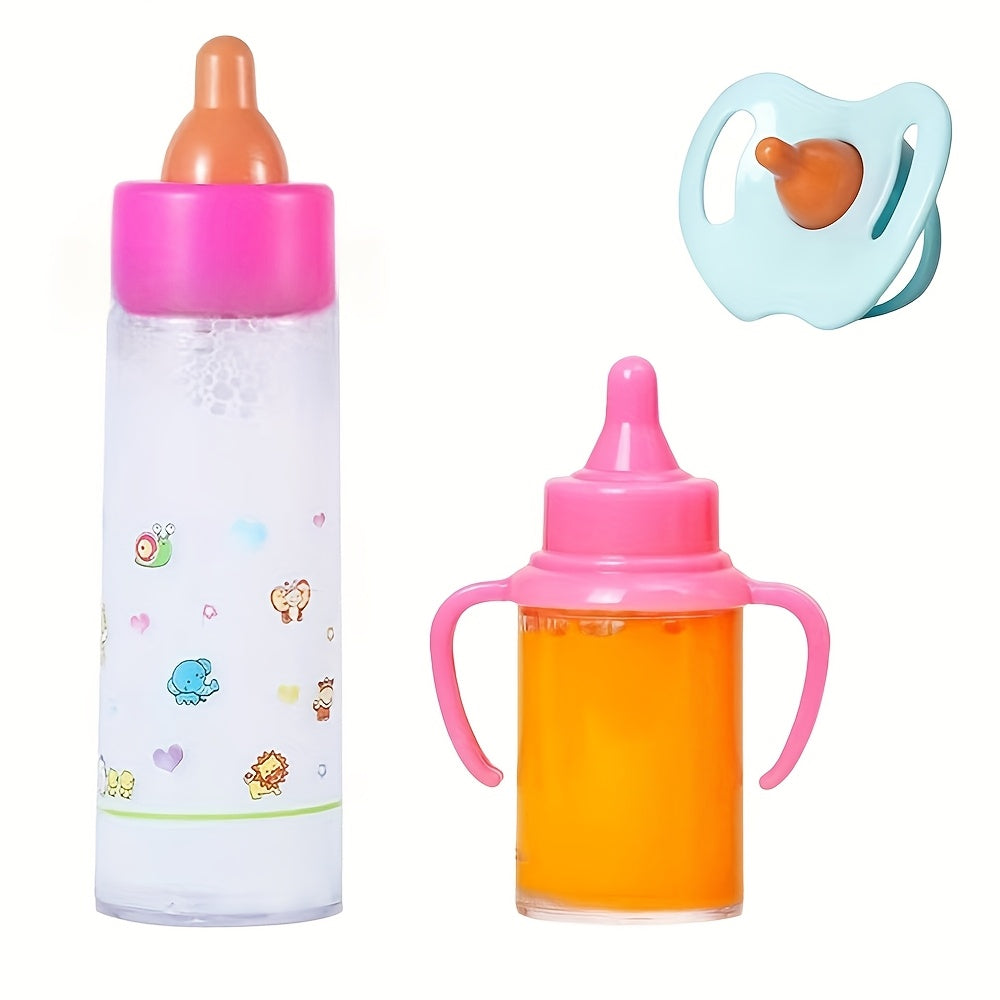 Baby Doll Feeding Set 3 Piece – Milk Bottle Juice Bottle Pacifier Doll Care Accessories for Baby Dolls Reborn Dolls Stroller Nurturing Play Kids Ages 3+ Gift White Orange