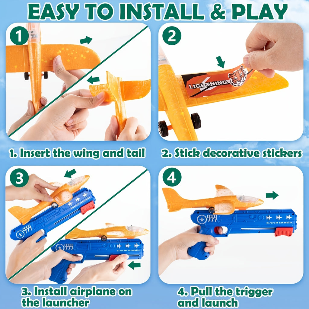 Airplane Launcher Toy 3 Planes 1 Shot – 2 Flight Modes Outdoor Flying Game with Customizable Stickers for Kids Ages 3-12 Birthday Christmas Gift