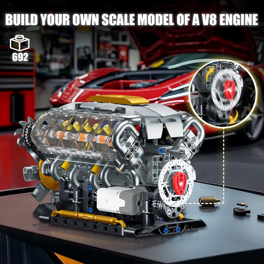 V8 Engine Building Kit 692 Pieces, Build Your Own Mini Supercar V8 Engine Model with Bidirectional Motor, Advanced STEM Mechanical Puzzle Display for Adults Teens, Birthday Christmas Gift Car Enthusiasts