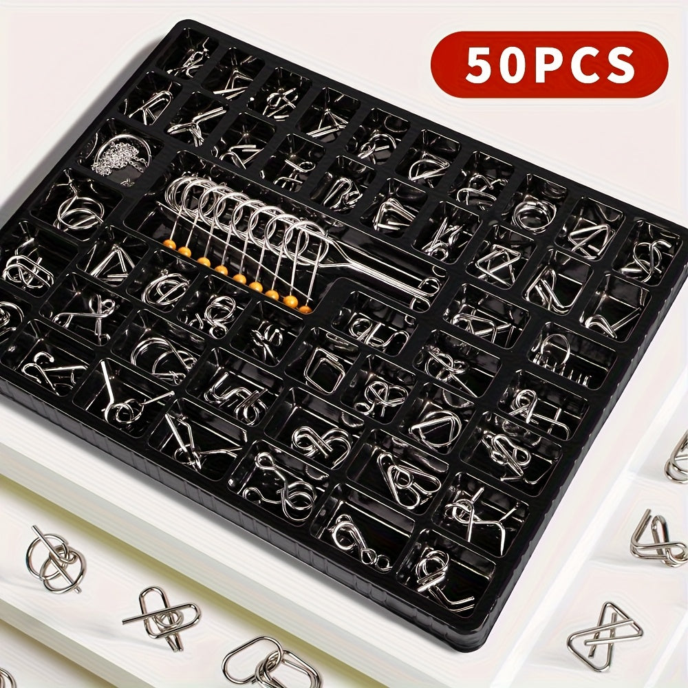 Set of 50 Golden Metal Puzzle Brain Teaser Games Unlock Iron Chain Nine Rings Kongming Lock Educational Toy Party Favor Halloween Christmas Gift