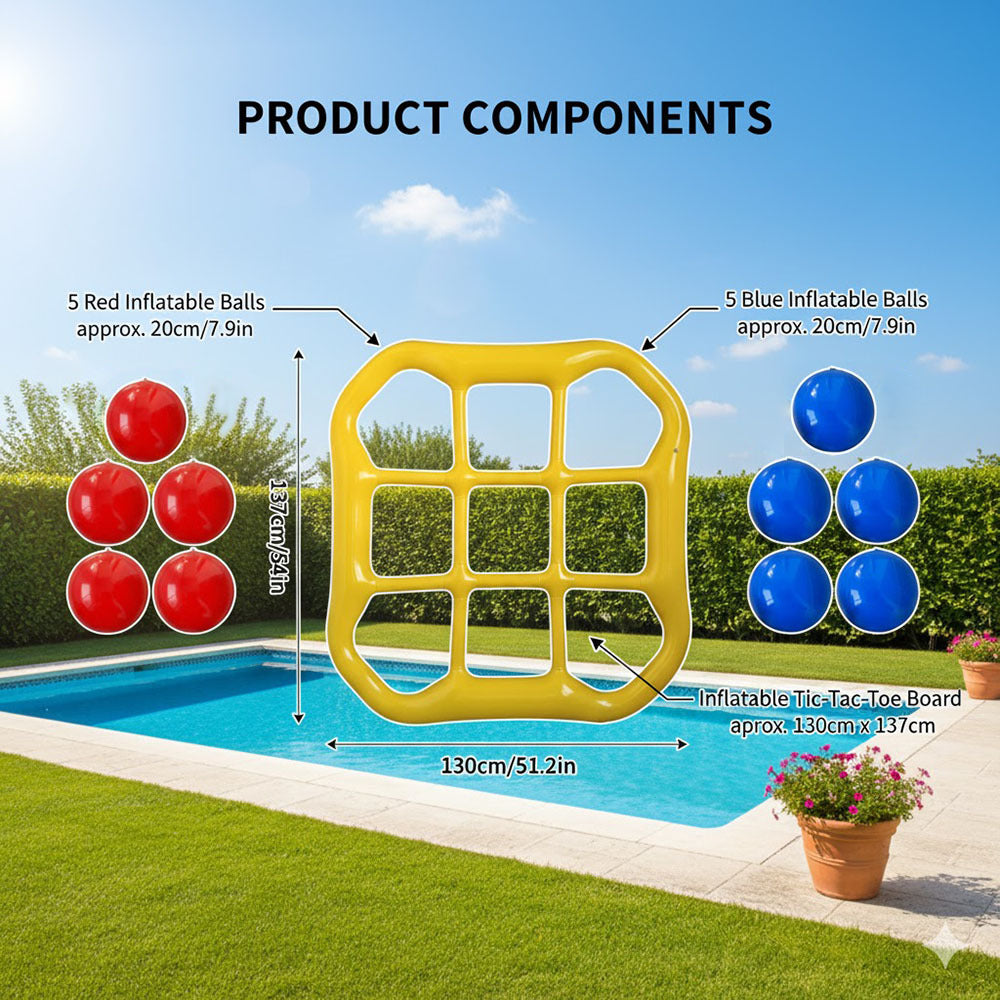 Inflatable Tic Tac Toe Pool Game Set with 10 Balls & Air Pump, Floating Pool Party Game for Family, Adults & Kids, Swimming Pool Lake Outdoor Water Toy