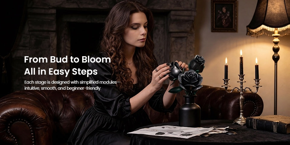 Gothic Black Rose Building Block Set 152pcs – 3 Artificial Flower Bouquet Bricks Art Piece, Unique Party Gift & Home Decor for Rose Lovers