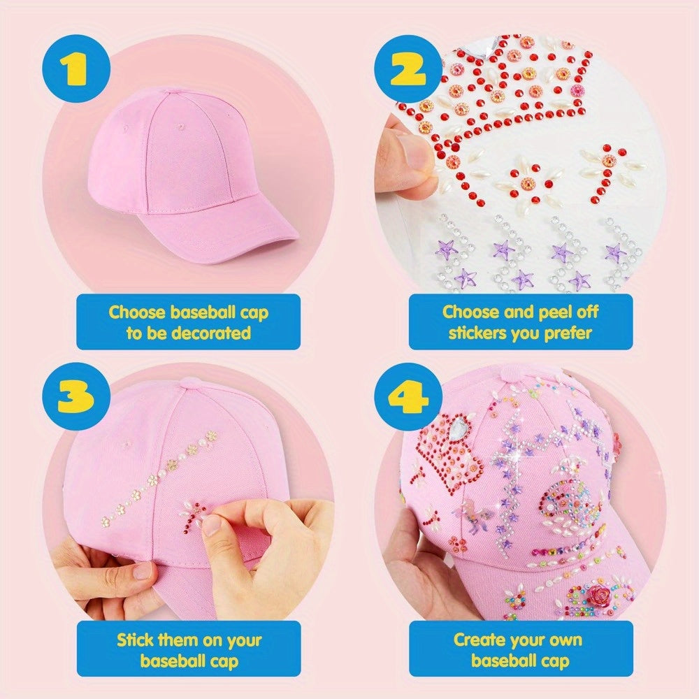 Decorate Your Own Pink Baseball Cap Kit with 7 Sheets Gem Stickers & Glitter Glue DIY Art Craft Toy Creative Gift for Girls Ages 6+