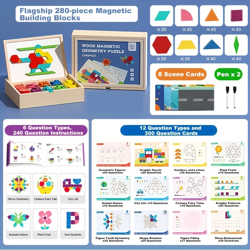 Magnetic Wooden Puzzle for Kids Ages 3-8 – Creative Geometric Shape Building Blocks STEM Educational Toy 128-280 Pieces