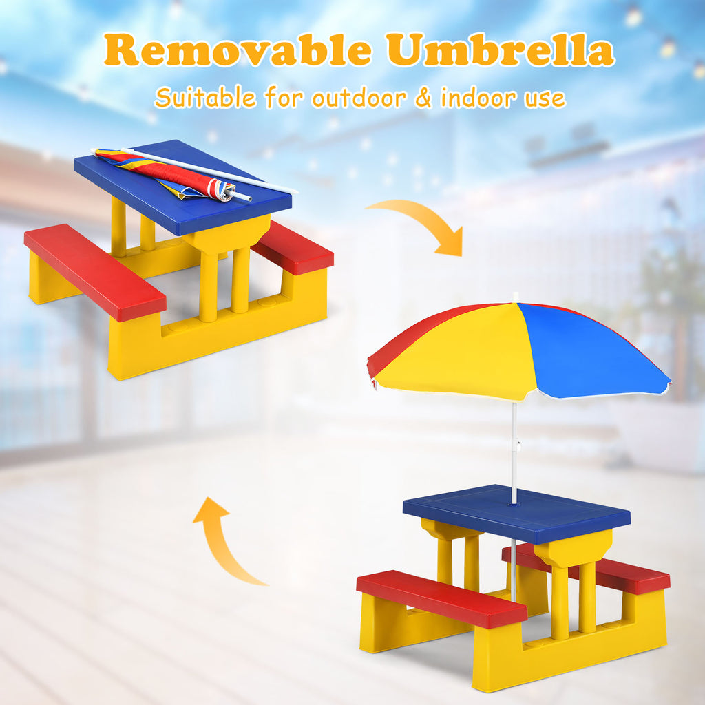 Kids Picnic Table Set with Removable Umbrella Outdoor Indoor 4-Seat Rainbow Colorful PP Toddler Garden Patio Furniture Birthday Gift