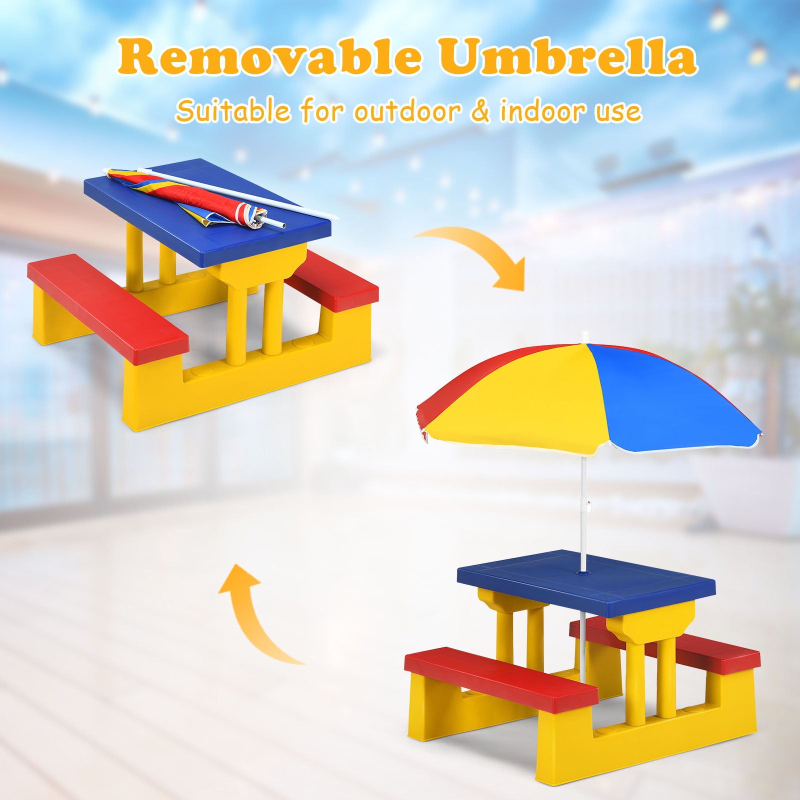 Kids Picnic Table Set with Removable Umbrella Outdoor Indoor 4-Seat Rainbow Colorful PP Toddler Garden Patio Furniture Birthday Gift