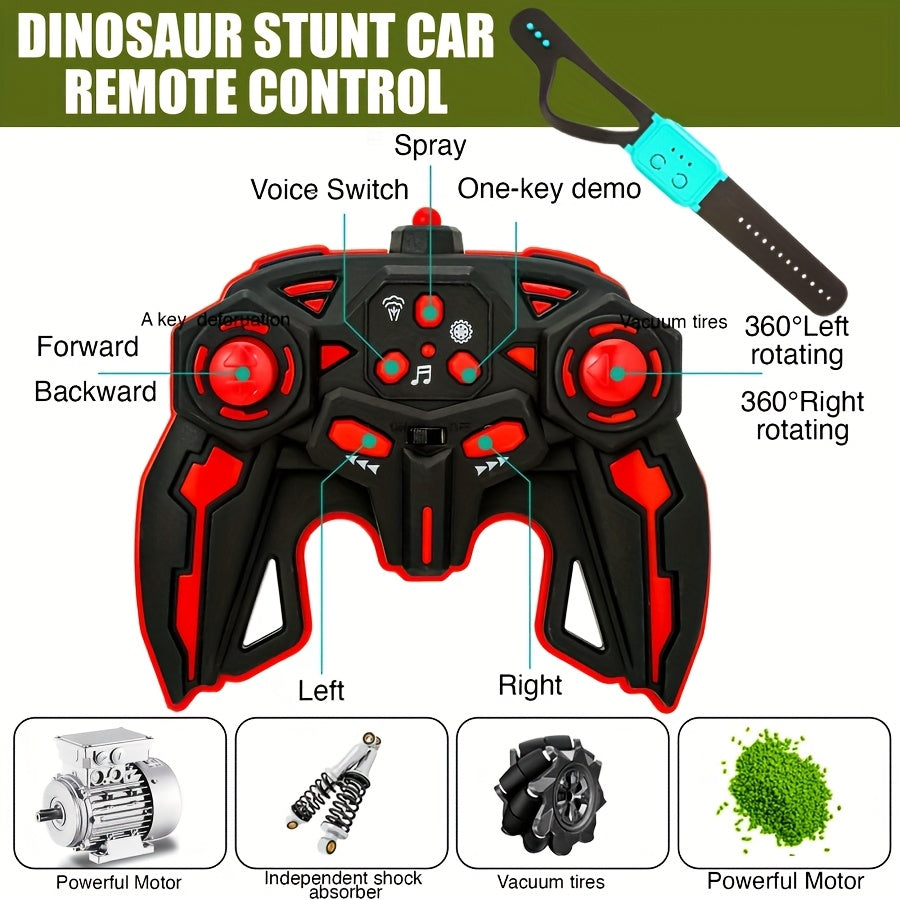 4WD Dinosaur Monster Truck RC Car with LED Lights Music & Ergonomic Handle - 2.4GHz All-Terrain Off-Road Remote Control Stunt Car Large Tires for Kids Boys Girls Birthday Gift