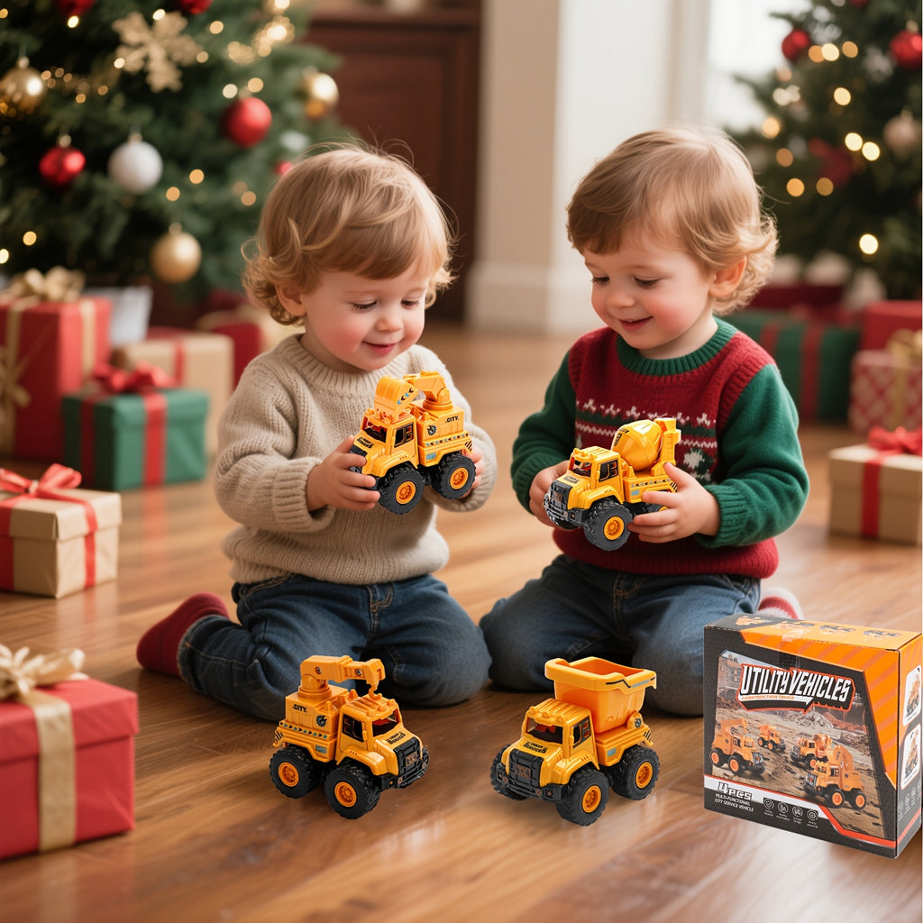 4-Piece STEM Construction Toy Vehicle Kit Excavator Dump Truck Crane Cement Mixer Sandbox Toy for Kids Ages 3+ Hands-On Learning Halloween Christmas Gift