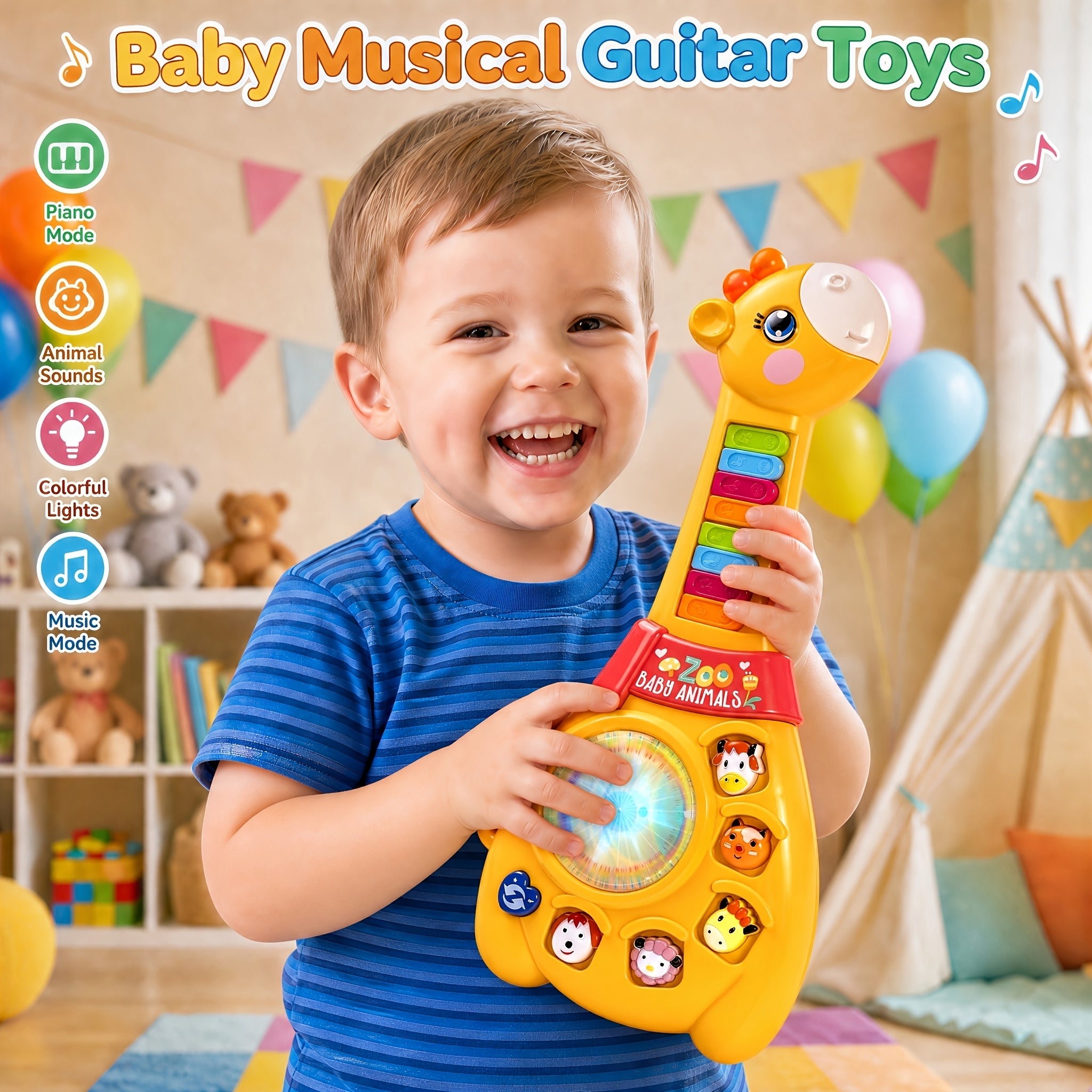 Baby Giraffe Guitar Musical Toy for 12 Months+ – Piano Keys, Animal Sounds & 8 Songs, Flashing Lights, Educational Learning Toy for Toddlers 1 Year Old Boys Girls, First Birthday Christmas Gift