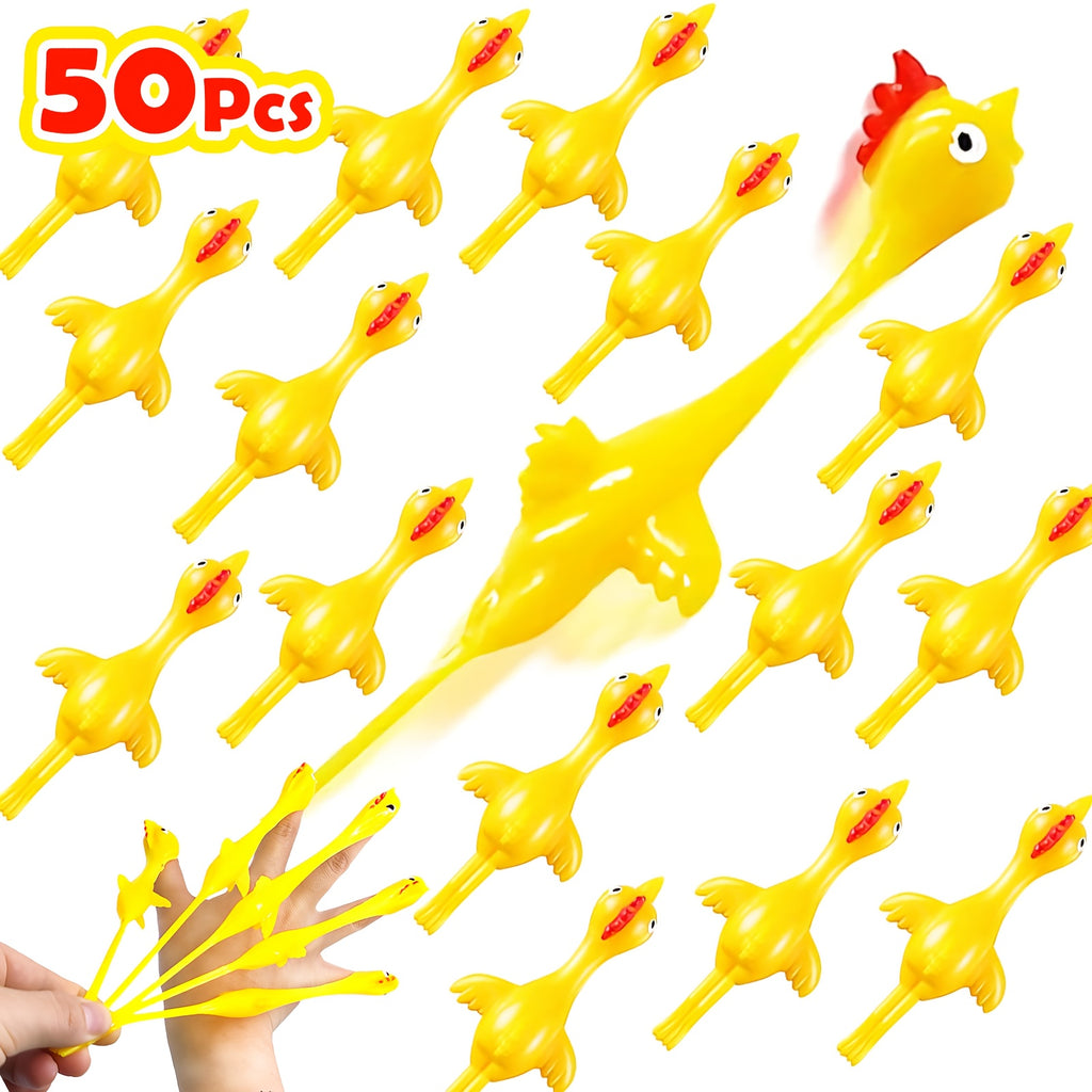 Slingshot Chicken Finger Toys 50 Pack Bulk - Mini Flying Rubber Chickens with Launcher for Kids Birthday Party Favors Pinata Fillers Classroom Prizes Stocking Stuffers