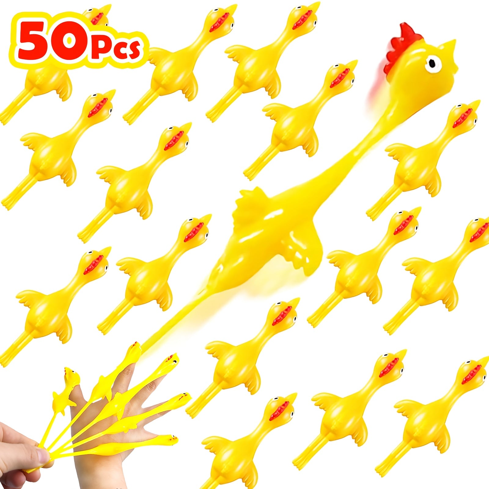 Slingshot Chicken Finger Toys 50 Pack Bulk - Mini Flying Rubber Chickens with Launcher for Kids Birthday Party Favors Pinata Fillers Classroom Prizes Stocking Stuffers