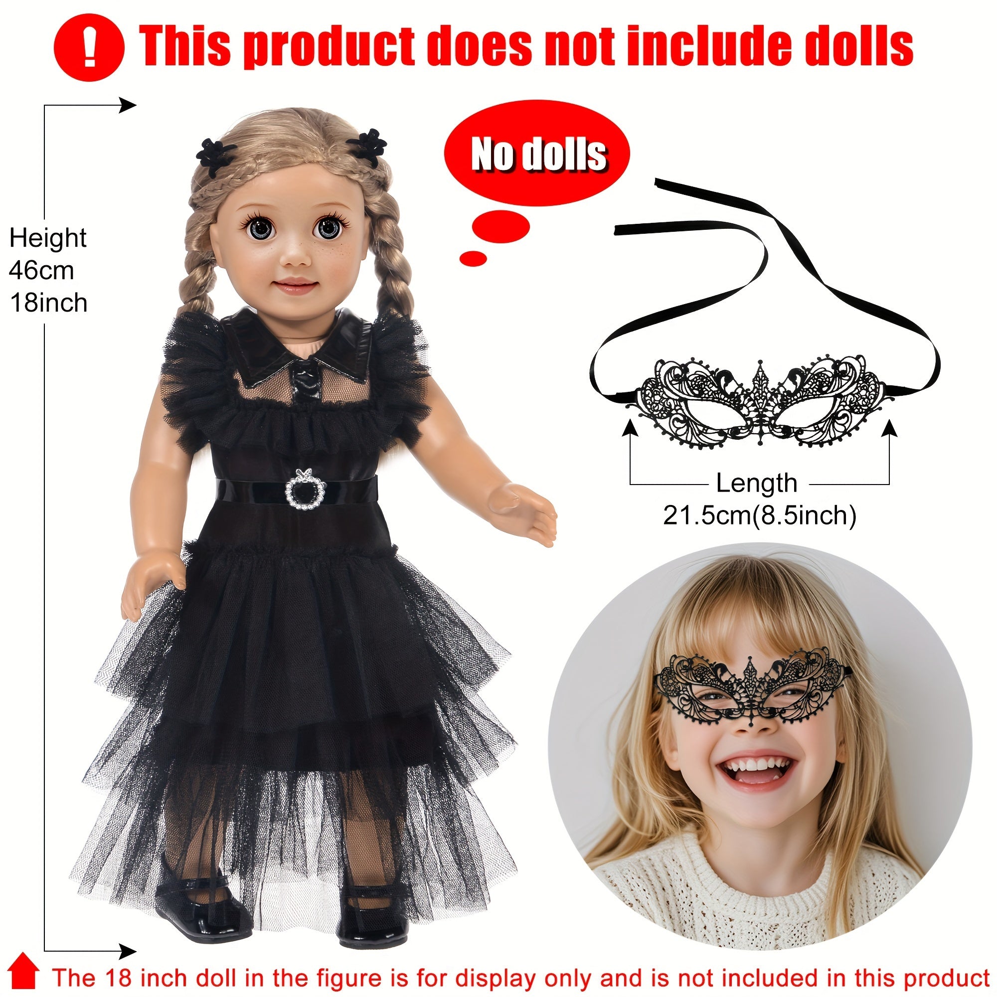 Doll Halloween Costume 18 Inch – Black Tulle Cake Dress with Bow Hair Clip Movie-Inspired Party Outfit for 16-18 Inch Girl Dolls No Doll Gift for Kids
