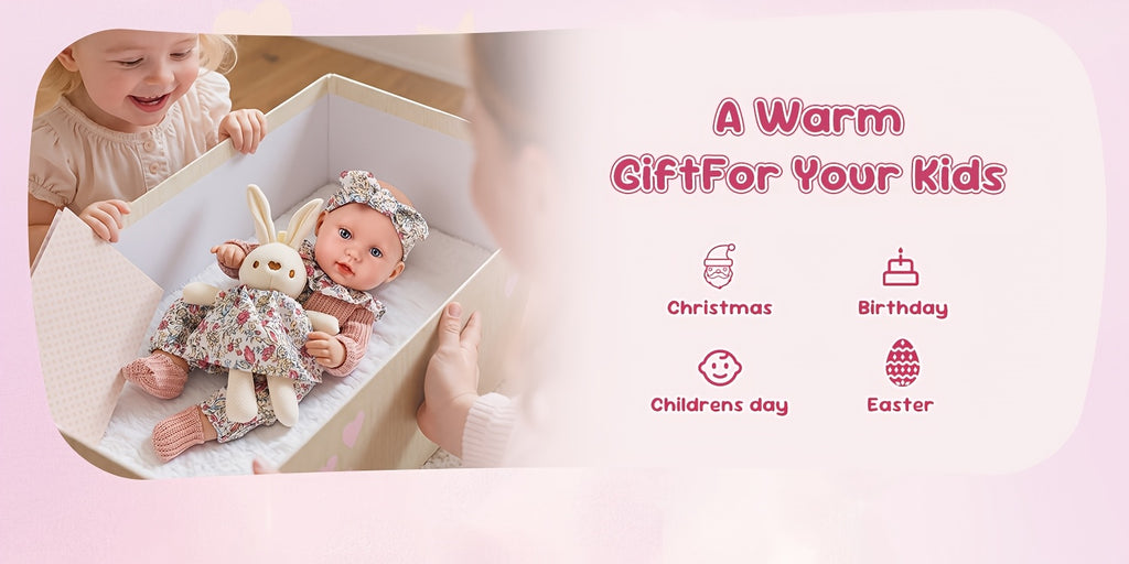 12 Inch Dress-Up Baby Doll Set with Floral Clothes Headscarf Socks & Toy Rabbit – Vinyl Girl Doll Playset for Kids Ages 3+ Birthday Christmas Gift (Beige & Pink)