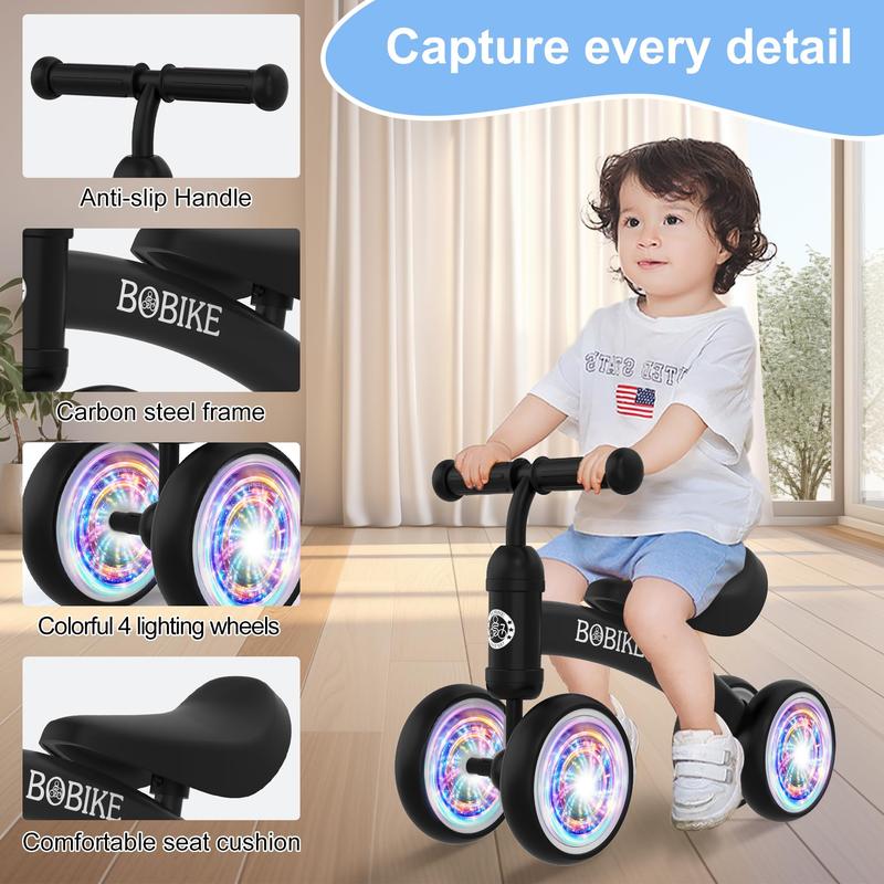 No-Pedal Baby Balance Bike, Bobike 4-Wheel Toddler Ride-On with Steel Frame, 135° Steering Limit for Indoor Outdoor Play & First Birthday Gifts