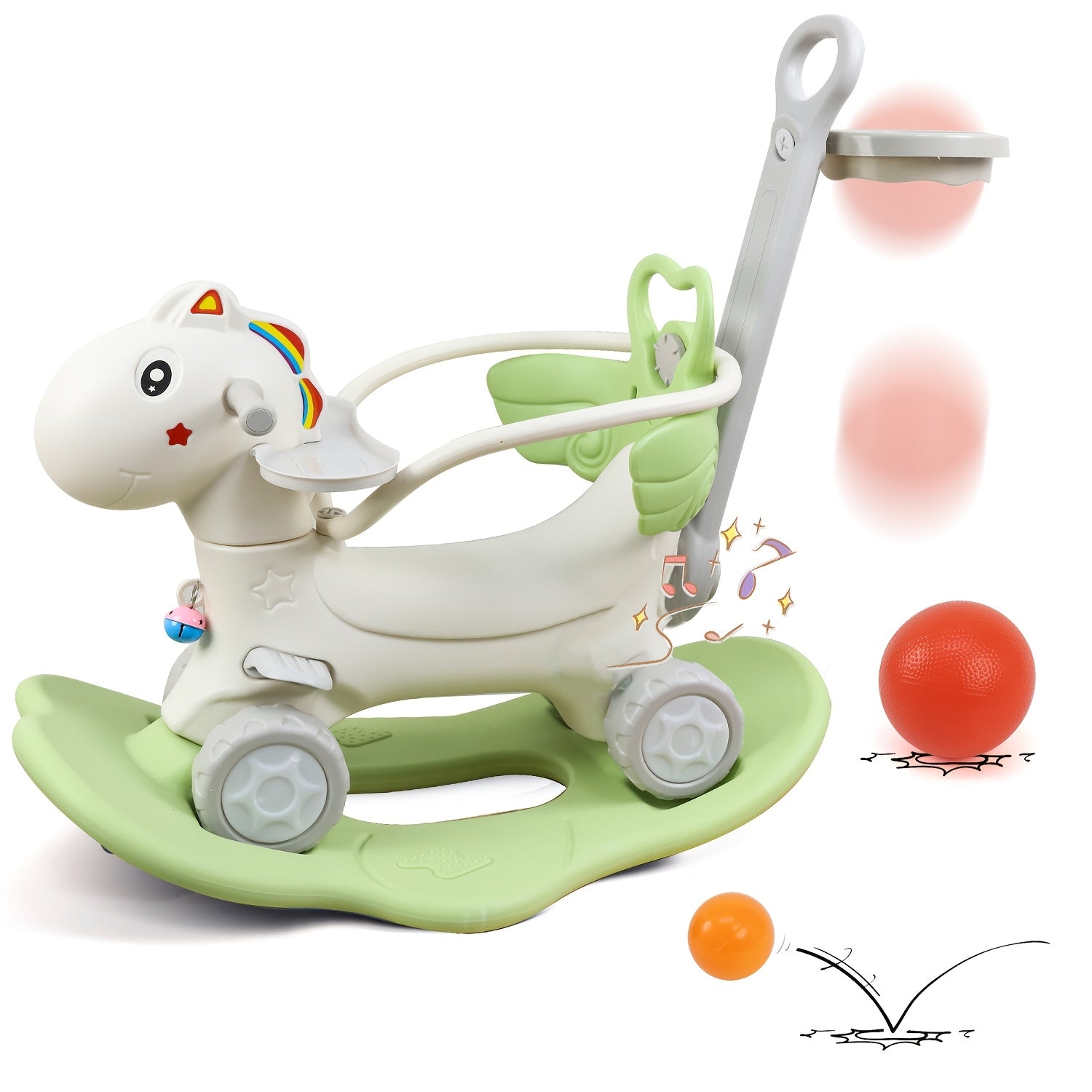 4-in-1 Rocking Horse with Basketball Hoop & Safety Push Rod for Toddlers 1+ – Ride-On Bike, Balance Bike & Balance Board, Indoor Outdoor Baby Balance Toy, Birthday Gift Boys & Girls