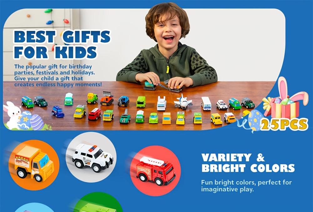 25-Piece Pull Back Cars and Trucks Toy Set for Kids – Die-Cast Vehicle Playset with Fire Truck, Police Car & School Bus, Party Favors, Easter & Christmas Gift for Boys and Girls