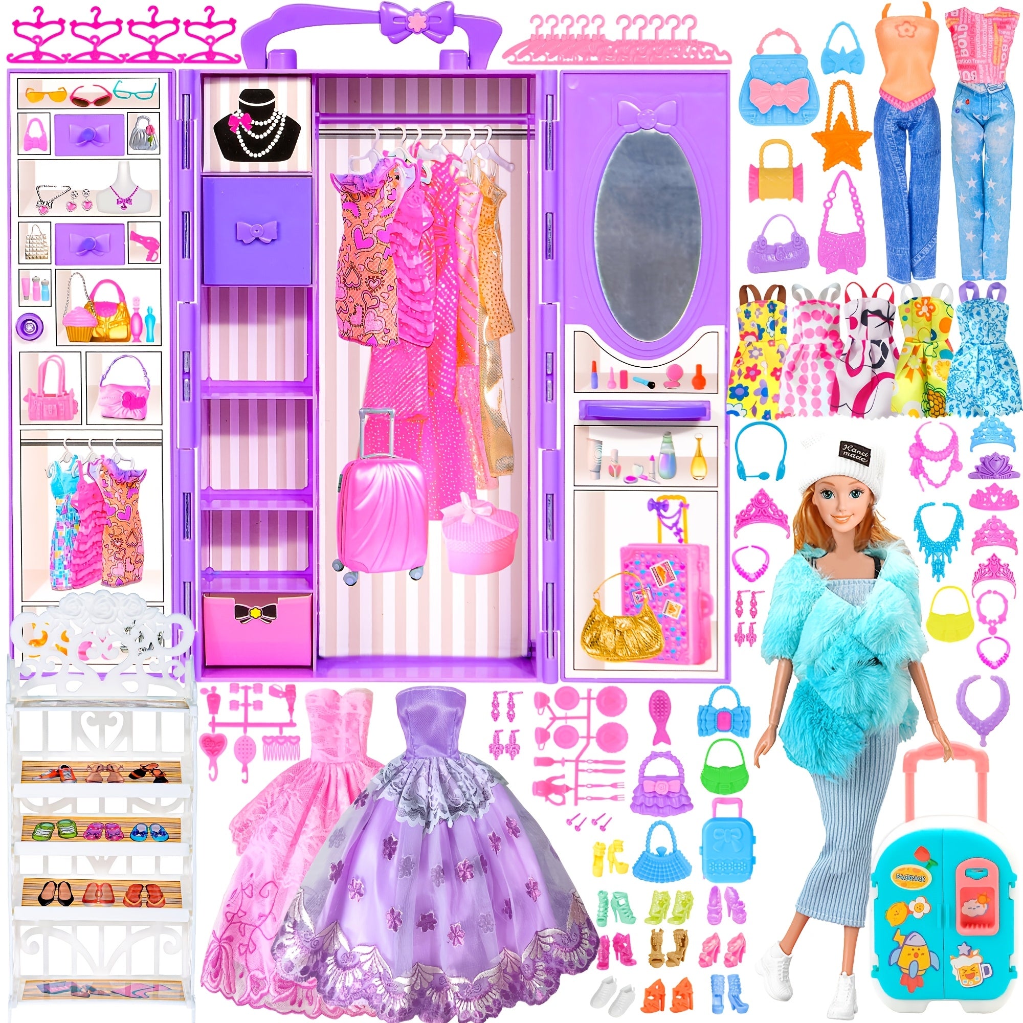 Fashion Doll Closet Playset 108pcs – 11.5 Inch Poseable Doll Wardrobe Wedding Gowns Shoes Handbags Crowns Accessories Gift for Girls Ages 6-12 Birthday Christmas