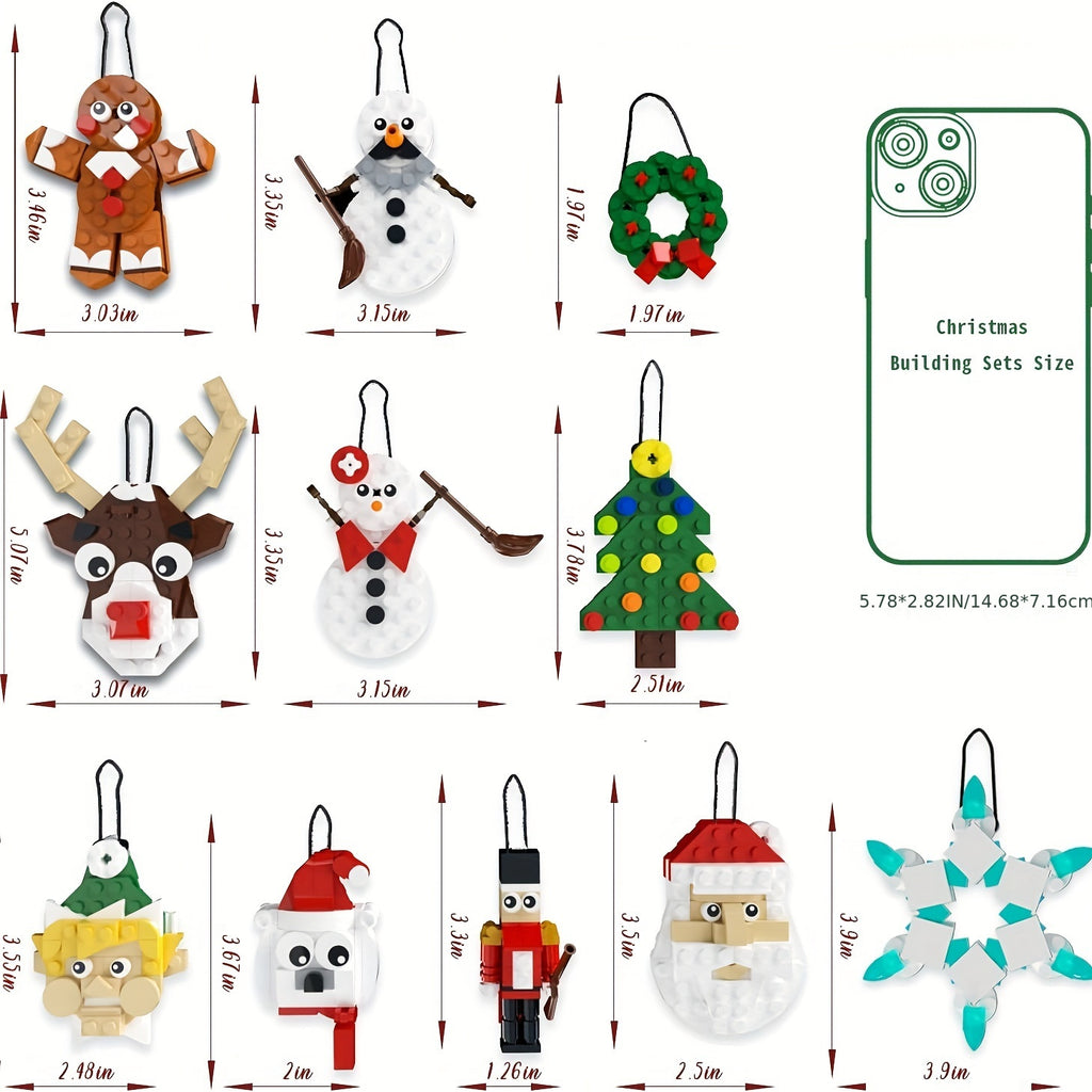 Christmas Building Blocks Ornament Set 11-in-1 382pcs - Santa Snowman Reindeer Nutcracker Tree Wreath Gingerbread Snowflake with Hanging String - Holiday Gift for Kids Adults Ages 6+