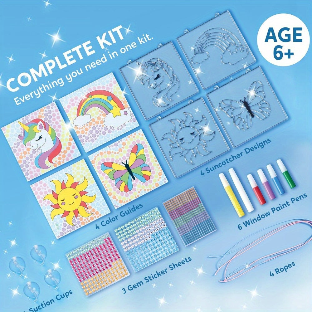 4-Piece Suncatcher Painting Kit 2-in-1 Gem Stickers and Window Paint Pens Butterfly Unicorn Rainbow Sun Designs Arts Crafts Gift for Girls Boys Ages 6 Plus