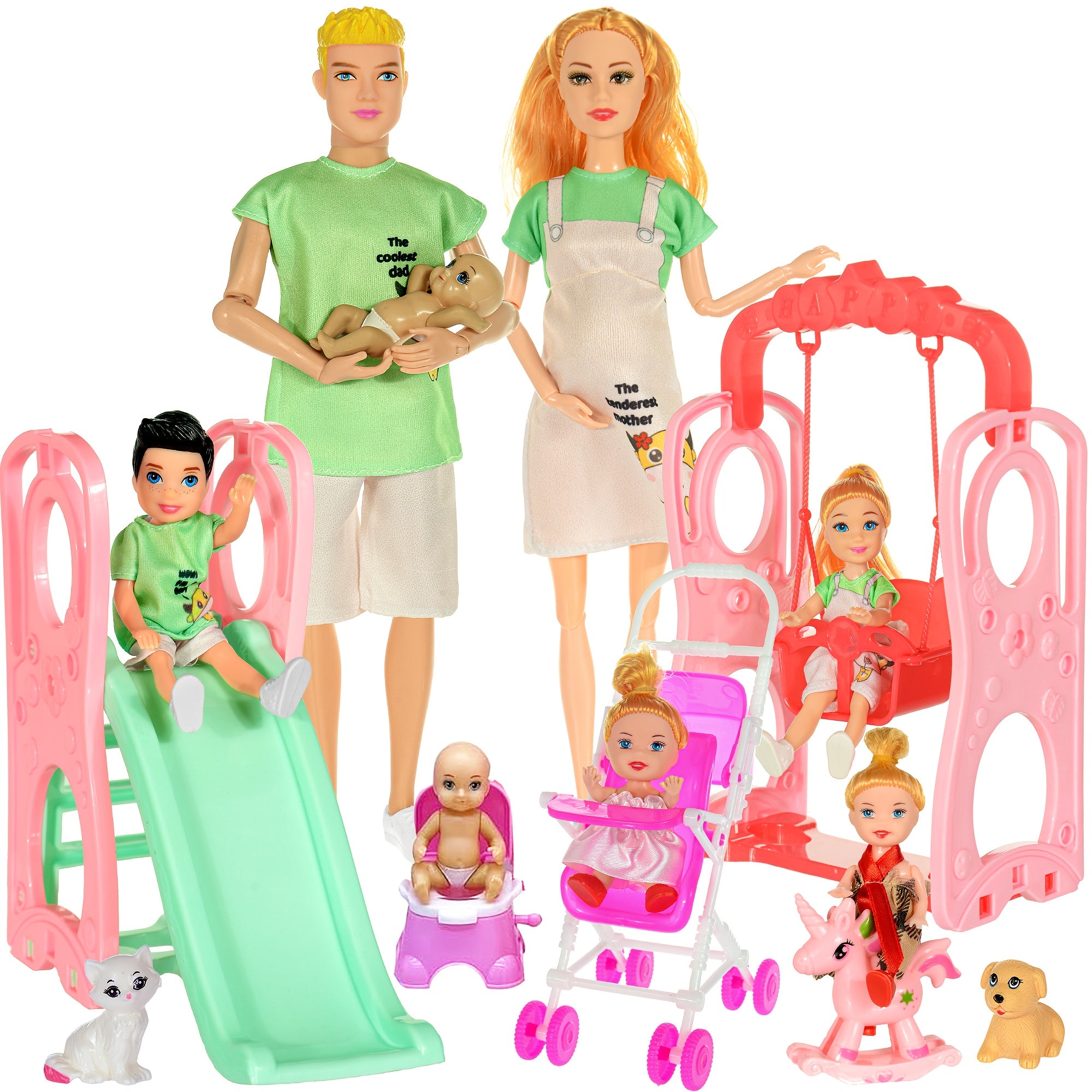 17-Piece Family Dollhouse Playset with Pregnant Mom, Dad, 4 Kids, Pets, Stroller, Slide & Swing – Complete Doll Family Set for Girls Ages 3+, 11.8 Inch Figures, Imaginative Role Play Gift
