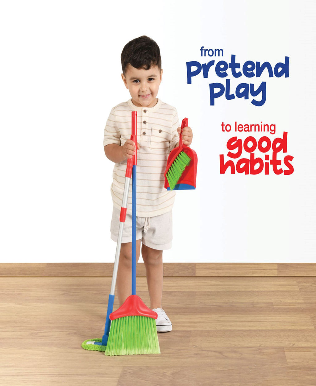 Kids Cleaning Set 4 Piece Toy Broom Mop Brush Dustpan Pretend Play Housekeeping Kit Toddler Girls Boys Birthday Christmas Gift Life Skills Toy