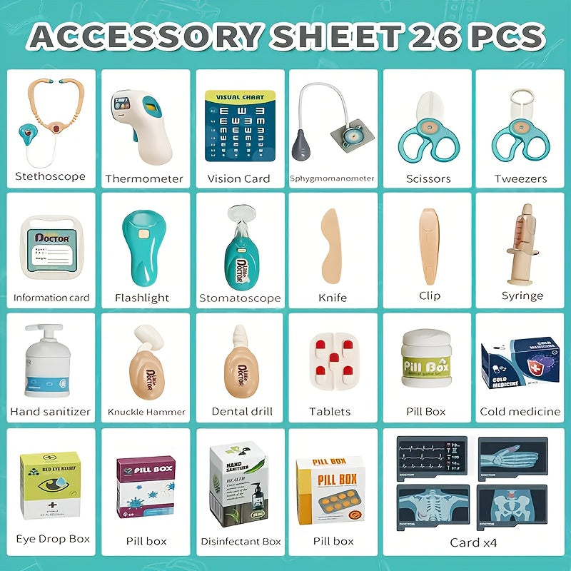 Kids Doctor Kit Pretend Play 26 Piece Medical Toy Set with Sound Effects Stethoscope Thermometer Blood Pressure Meter ABS Safe Role Play Gift for Children Age 3+