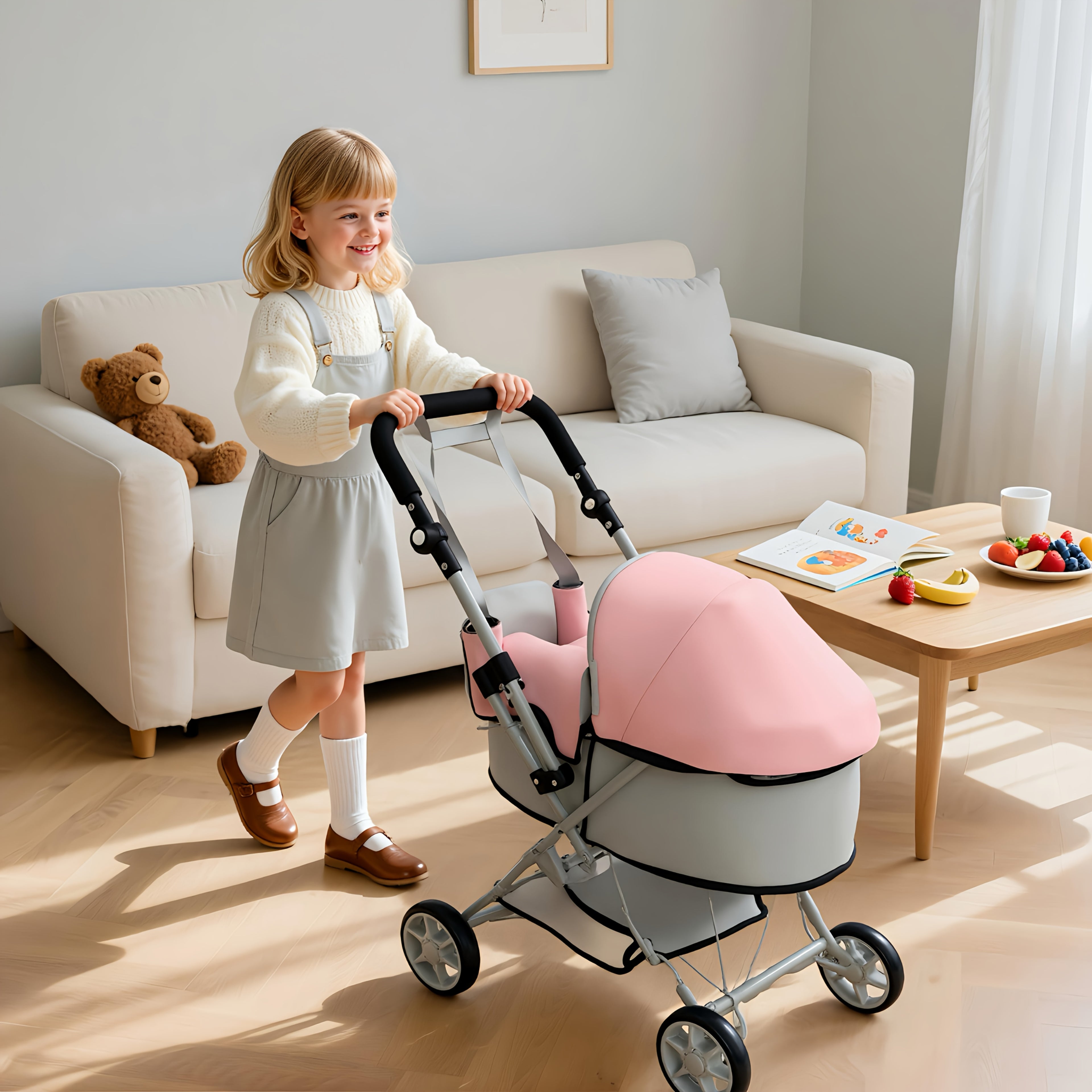 Foldable Doll Stroller for 16-20 Inch Dolls with Adjustable Handle Storage Basket & Shoulder Bag – Caregiver Role Play Toy Gift for Girls Gray Pink