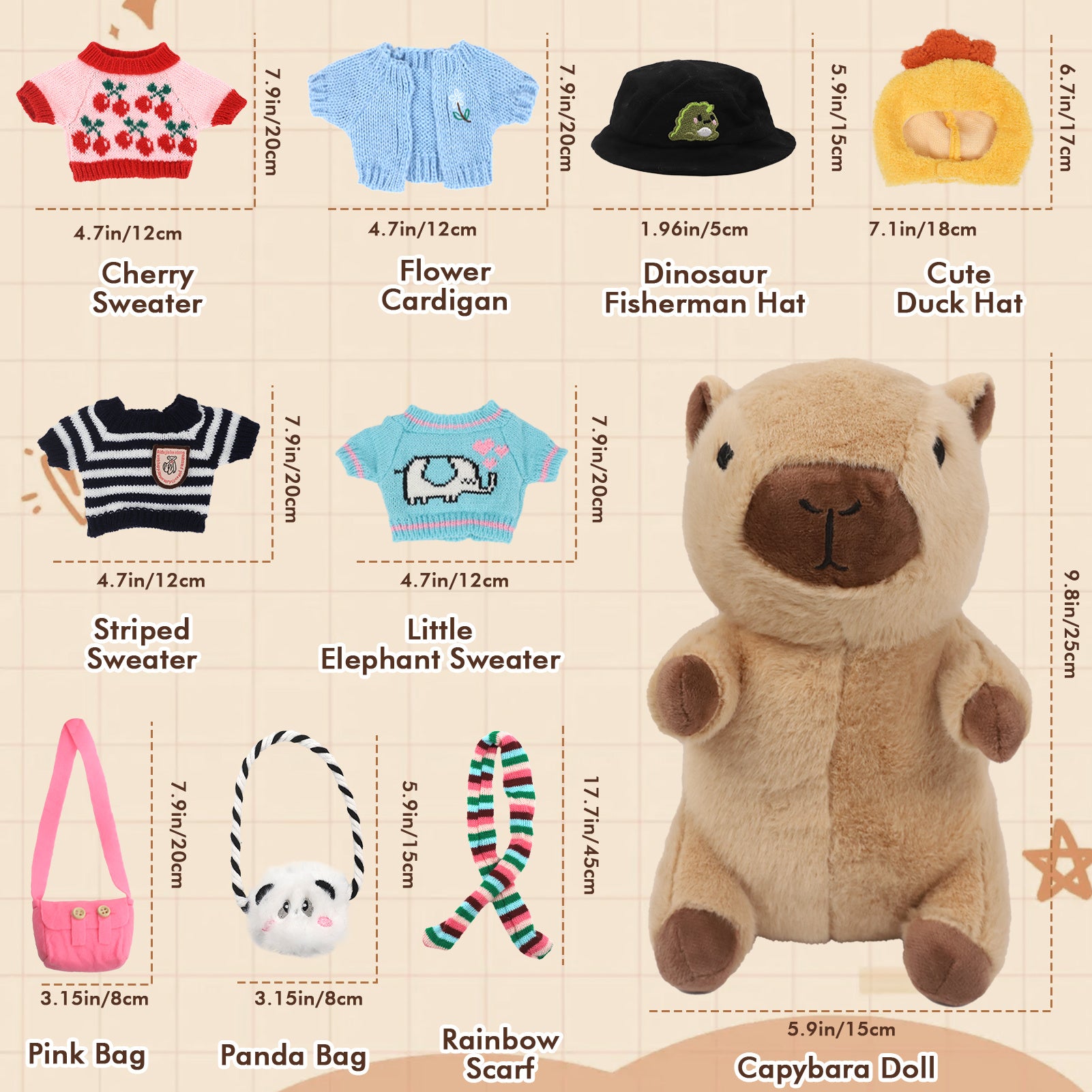 Capybara Plush Toy with 10 Clothes & Accessories – Soft Stuffed Capybara Dress Up Plushie, Cute Capybara Gift for Kids Boys Girls Birthday
