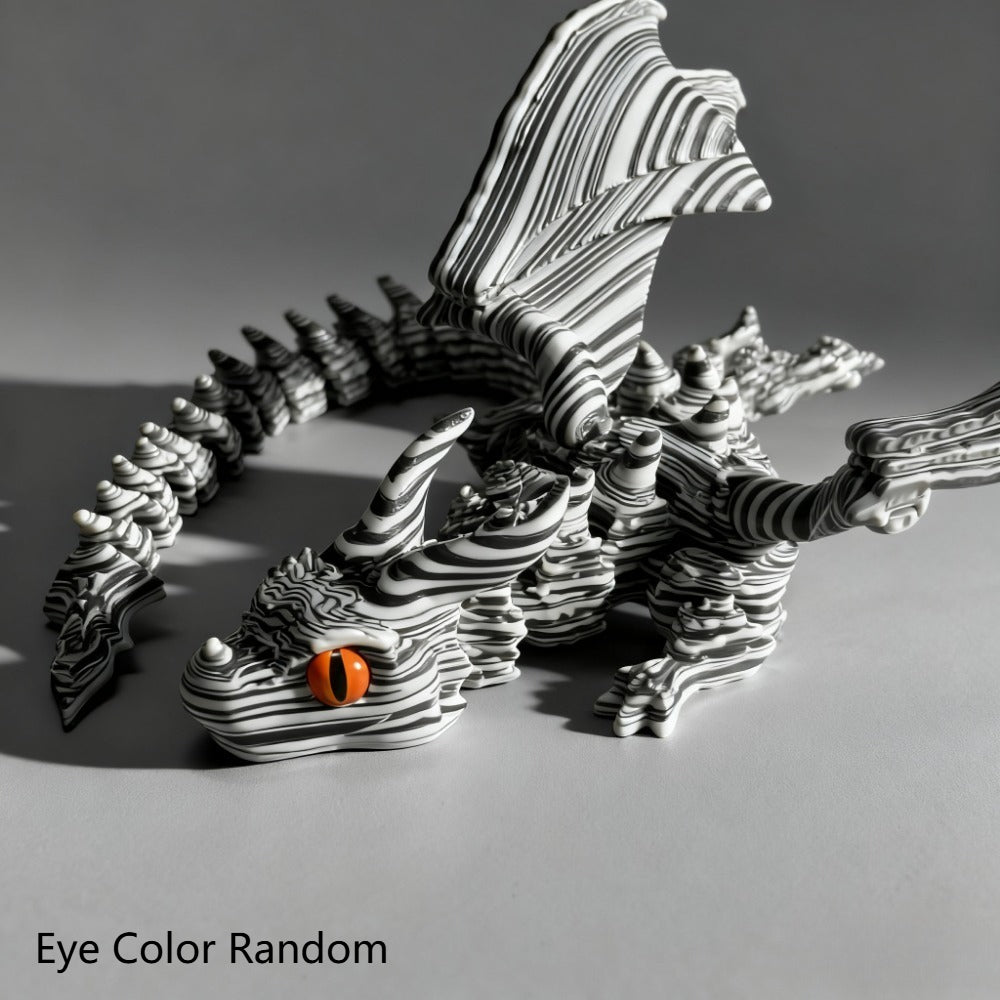 Articulated Cybernetic Dragon Statue 3D Printed Figurine – Black & White Swirl, Random Eye Color, Poseable Desktop Collectible Art Gift for Dragon Lovers & Teens