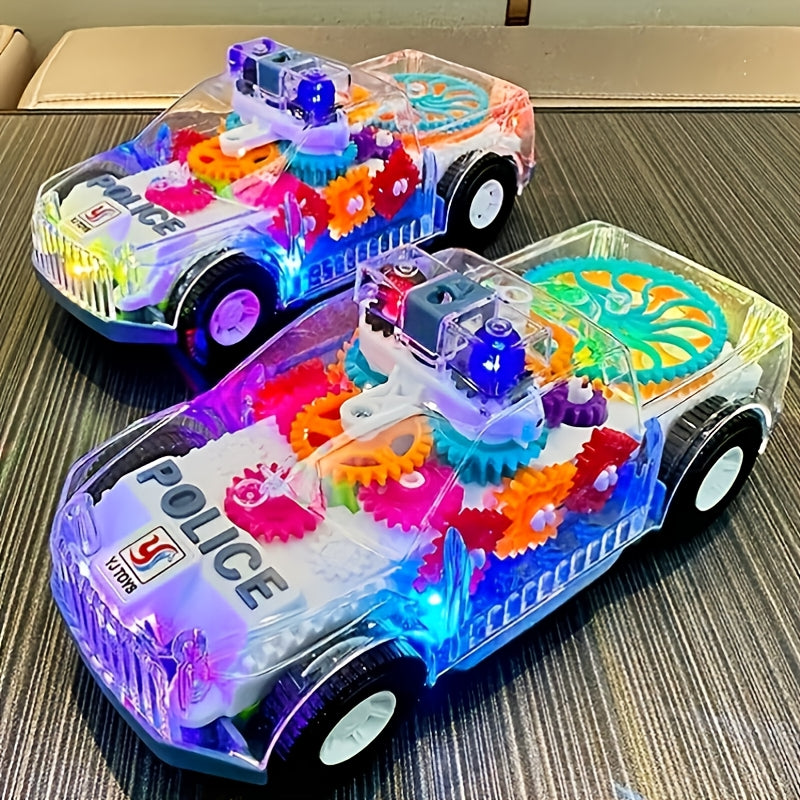 Electric Police Car Toy Transparent Gear Flashing Lights Music 360 Rotation Educational Toddler Toy for Kids Boys Girls Ages 3+ Birthday Christmas Gift