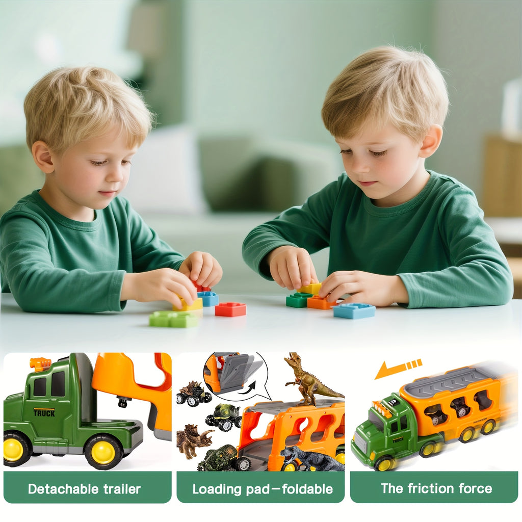 7-in-1 Dinosaur Transport Truck Toy Set with 3 Dino Figures 3 Monster Cars Lights Sounds Friction Push Go for Kids Boys Girls Ages 3 4 5 Birthday Christmas