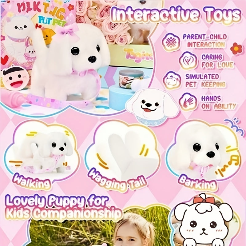 Plush Interactive Puppy Toy – Electronic Walking Barking Dog with Tail Wagging, Leash & Bow, Realistic Pet Toy for Kids, Easter Christmas Birthday Gift for Boys Girls