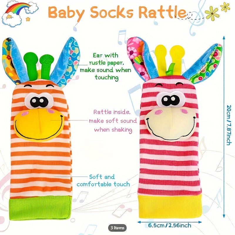 Baby Wrist Bell Rattle Socks - Newborn Cartoon Animal Wrist Rattles & Socks Set, Soft Colorful Sensory Toy for Infants Boys Girls, Baby Shower Birthday Gift