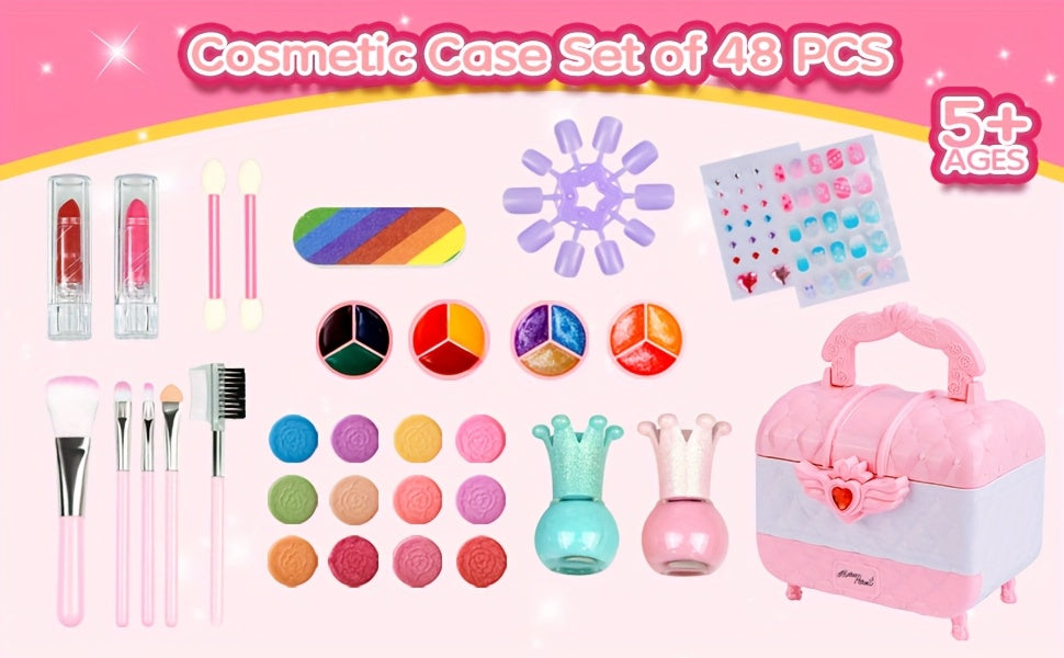 Kids Makeup Kit for Girls 48 Piece Washable Hypoallergenic Eyeshadow Blush Lip Gloss Nail Polish Glitter Princess Pretend Play Cosmetic Set Ages 5-12 Birthday Christmas Gift