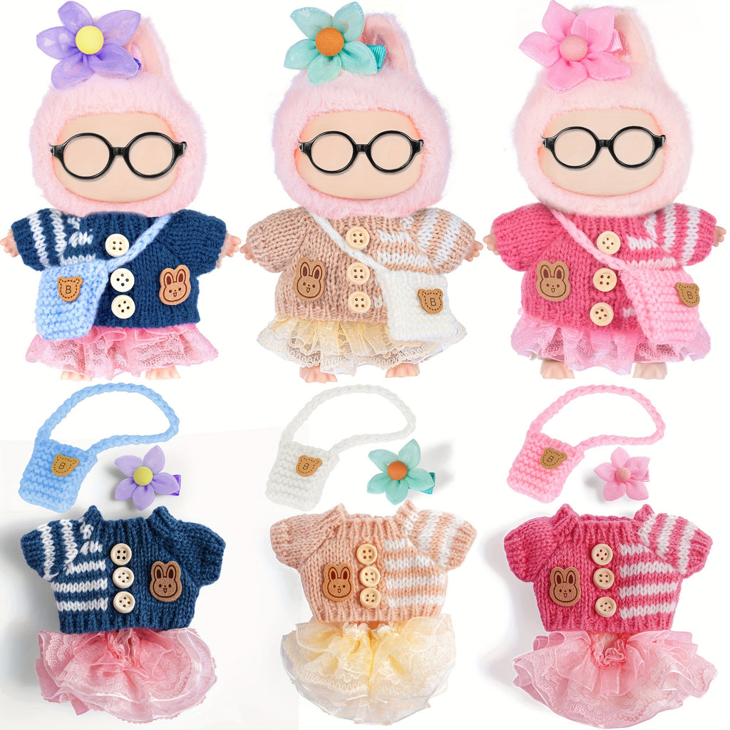Labubu Doll Clothes 3 Sets for 17cm Plush Dolls – Knit Tops Bubble Tulle Skirts Floral Hair Clips & Bags Blue Beige Pink Complete Fashion Outfits Gift Ages 3+