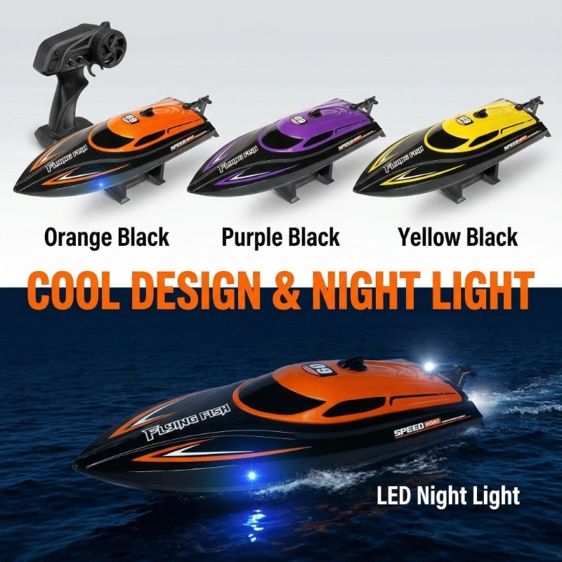 Remote Control Boat for Kids 25KM/H LED Night Light Effect Pool Lake Racing RC Hovercraft Toy One-Touch Speed Control Outdoor Water Toy Ages 6+
