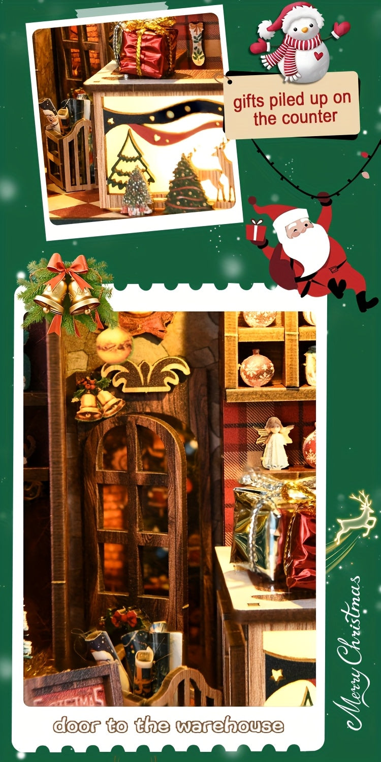 Christmas Shop Book Nook Kit – 3D Wooden Miniature House DIY Bookshelf Insert for Adults & Teens, Cozy Holiday Tiny House Craft, Christmas & New Year Gift, Home Decor