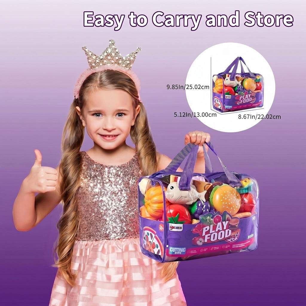 Pretend Cutting Food Playset for Toddlers – 78pcs Simulation Fruits, Seafood & Bakery Kitchen Role Play Toy with Portable Storage Bag, Educational Gift for Kids 18M+