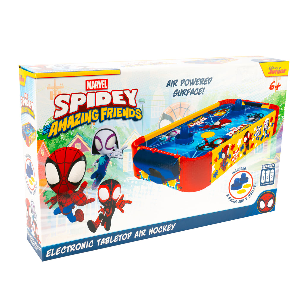 Tabletop Air Hockey Game for Kids Marvel Spidey and His Amazing Friends – Officially Licensed Wood Air Hockey Table, Manual Score Tracker, Family Game Night Gift Boys Girls Ages 3+