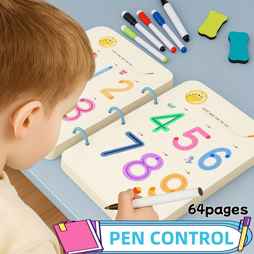 Magic Handwriting & Drawing Practice Book Set 64 Pages with 8 Erasable Pens & Refills – Pen Control Workbook for Kids Ages 3-8 Early Learning