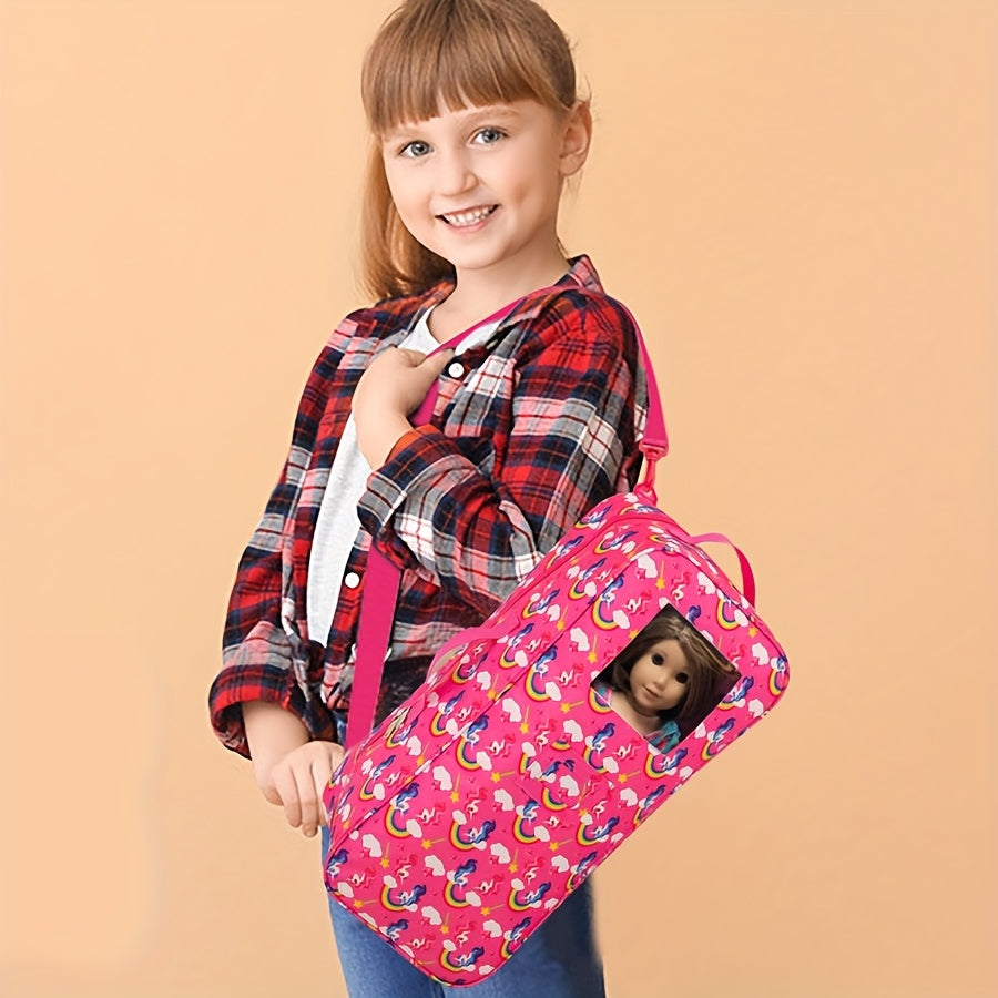 18 Inch Doll Travel Bag Unicorn Rainbow Print – Pink Large Capacity Multi-Pocket Crossbody Carrier Bag for 18 Inch Dolls & Accessories, Gift for Girls Ages 3+