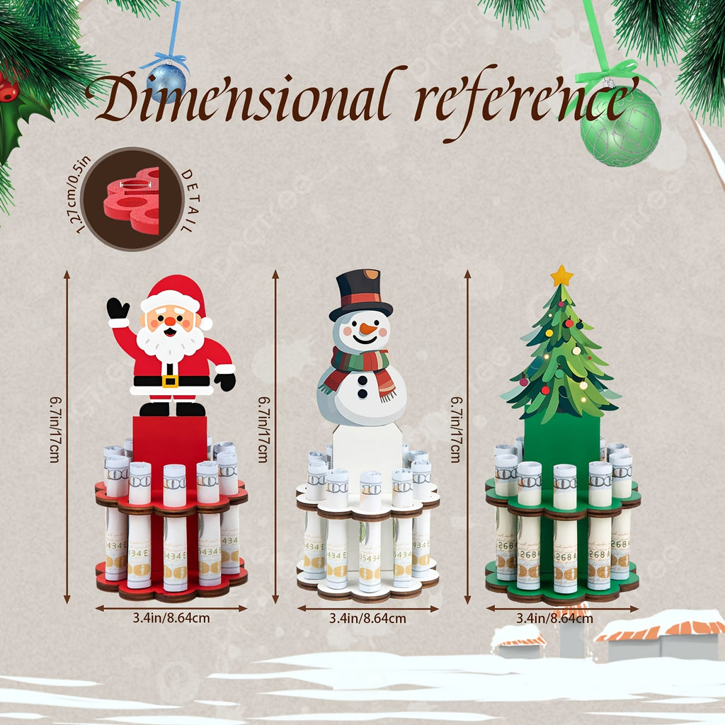Christmas Money Holder Tree 3-Set Wooden Money Dispenser with 10 Holes – Xmas Ornament Table Decor for Holiday Party Favors Winter Gift Giving