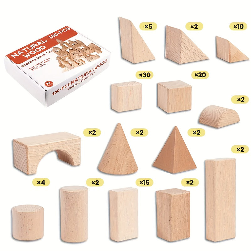Wooden Building Blocks for Kids 100 Piece Solid Beech Wood Set – Unpainted Natural Stacking Blocks Ages 3-12, STEM Logical Thinking Educational Toy, Montessori Castle Puzzle Gift Boys Girls