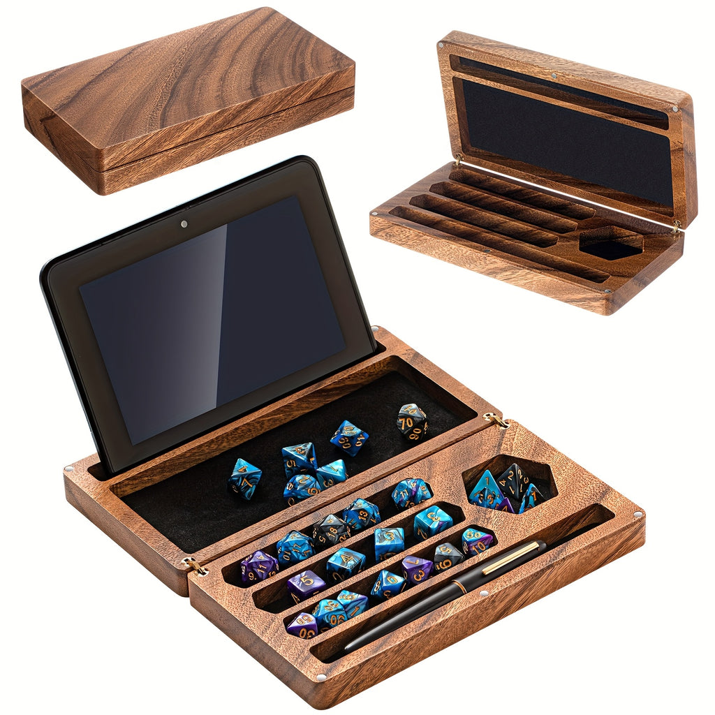 Handmade Walnut Dice Box 4.8x9" Flip Lid Magnetic Lock - Wood Dice Tray with Phone Stand for DnD RPG Board Games, Premium Dungeon Master Gift