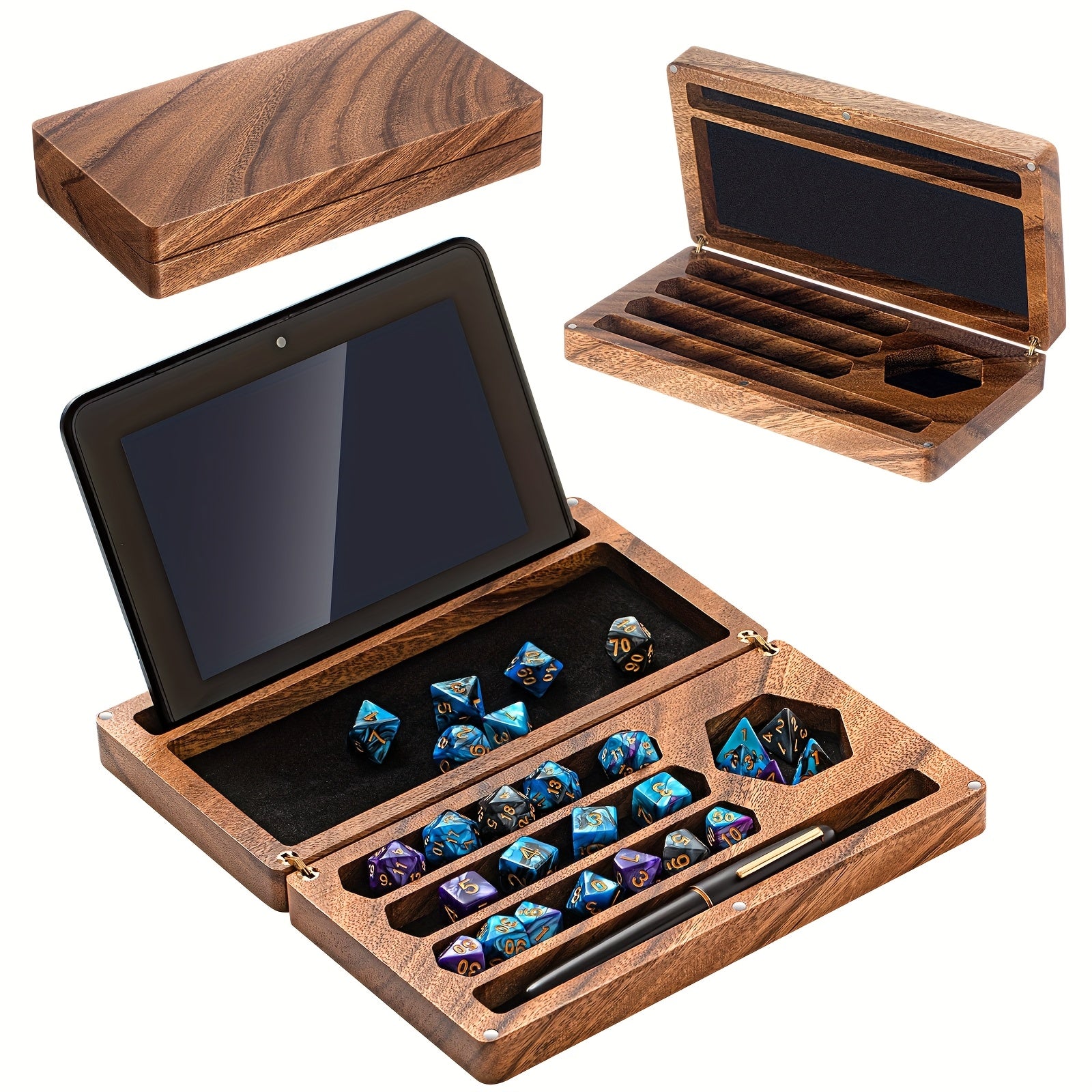 Handmade Walnut Dice Box 4.8x9" Flip Lid Magnetic Lock - Wood Dice Tray with Phone Stand for DnD RPG Board Games, Premium Dungeon Master Gift