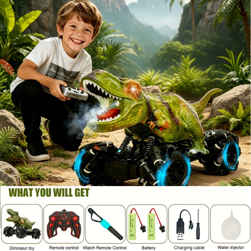 4WD Dinosaur Monster Truck RC Car with LED Lights Music & Ergonomic Handle - 2.4GHz All-Terrain Off-Road Remote Control Stunt Car Large Tires for Kids Boys Girls Birthday Gift