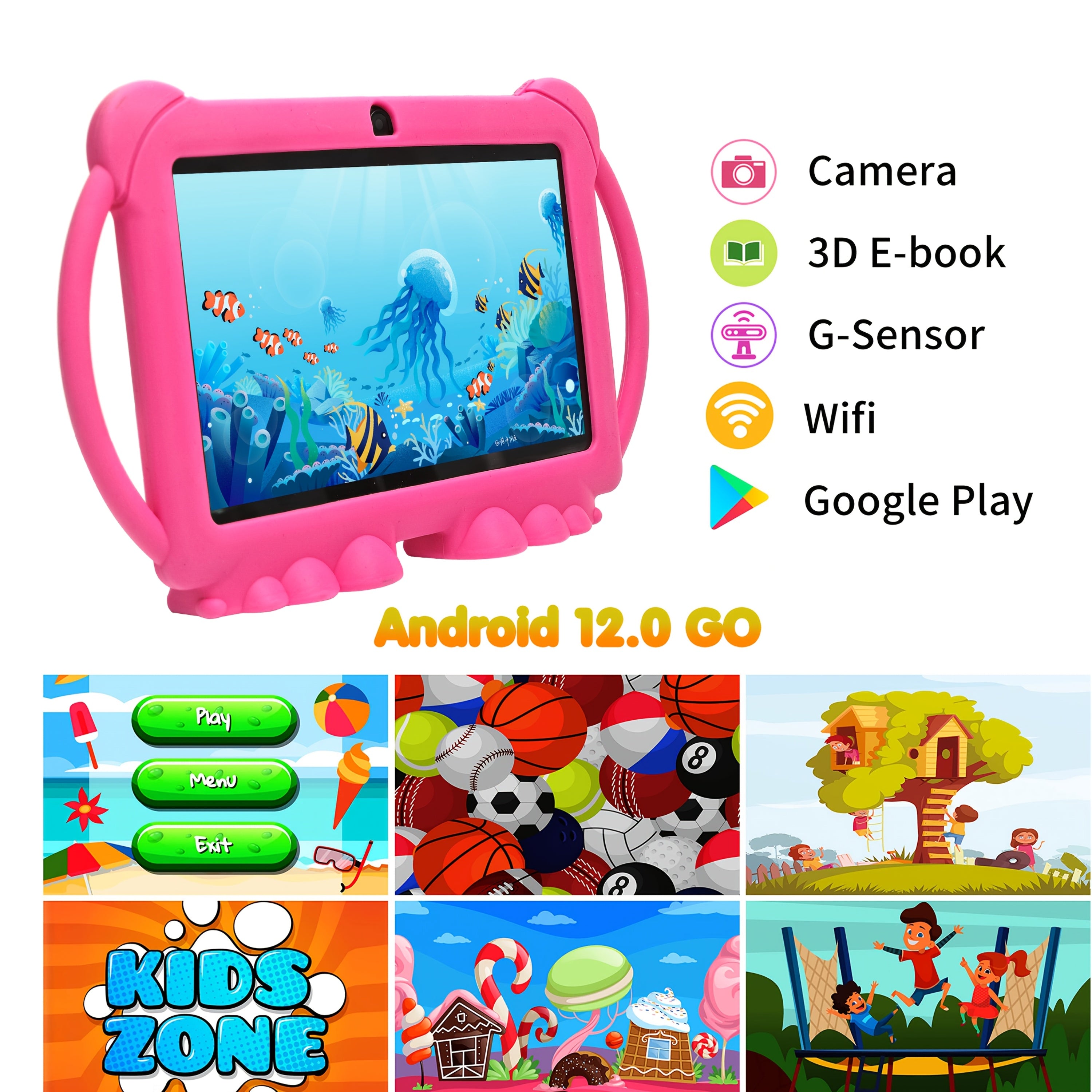 Kids Tablet 7-Inch Android 12 4GB RAM 32GB ROM Dual Cameras Eye Protection Display Parental Control 2.4G WiFi Shock Resistant Case – Gift for Children Boys Girls