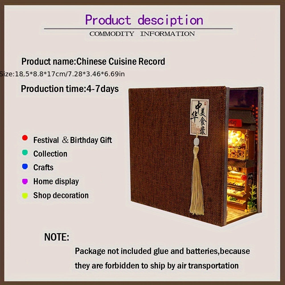 Book Nook Kit DIY Miniature Chinese Food Street – 3D Wooden Puzzle Bookshelf Insert Dollhouse Home Decor Gift for Teens Adults Birthday Christmas No Glue No Battery