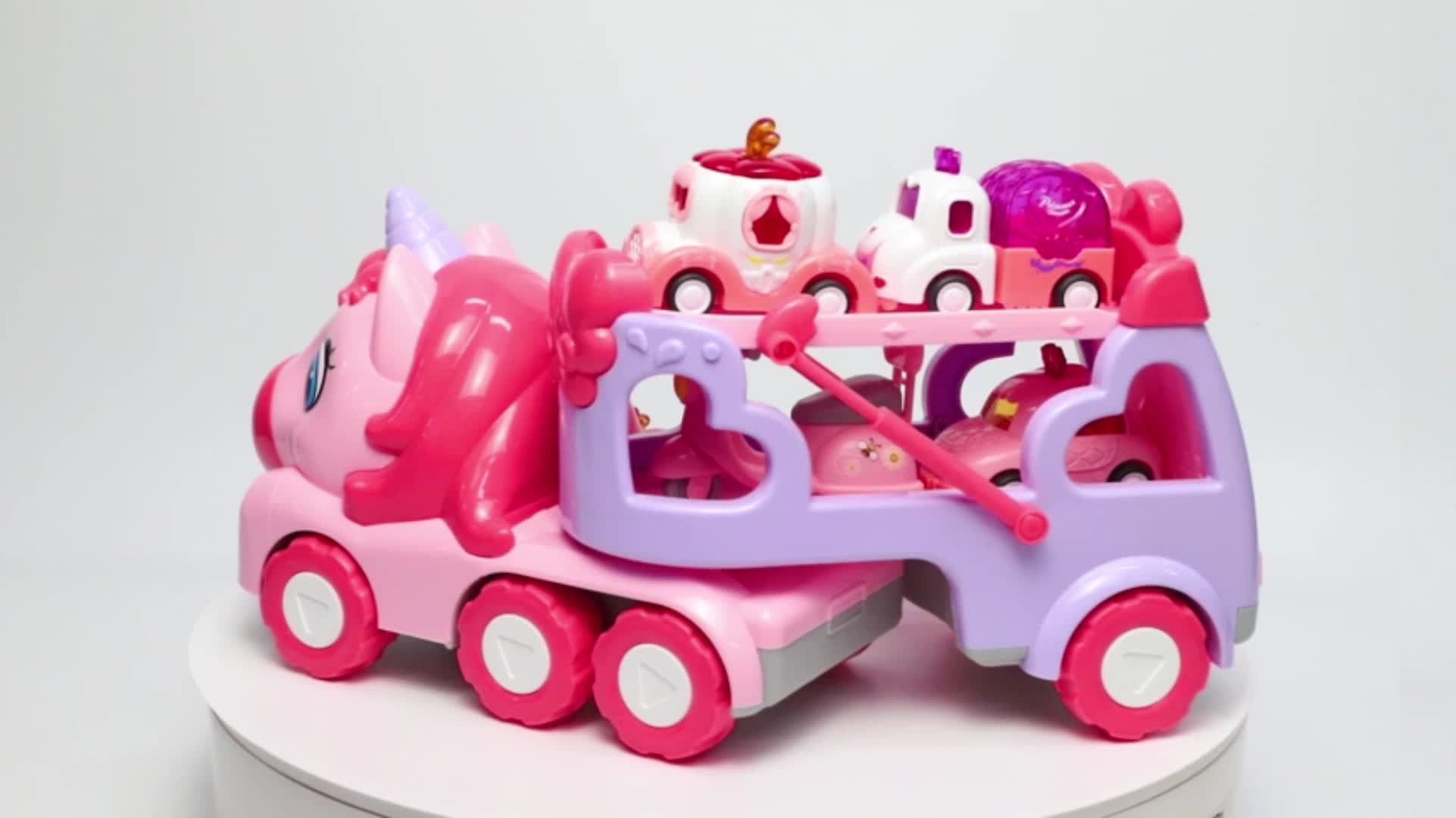 Pink Carrier Truck Toy with 4 Mini Cars Pull-Back Music Lights - Transport Vehicle Toy for Toddlers Ages 3+, Birthday Easter Gift for Boys & Girls