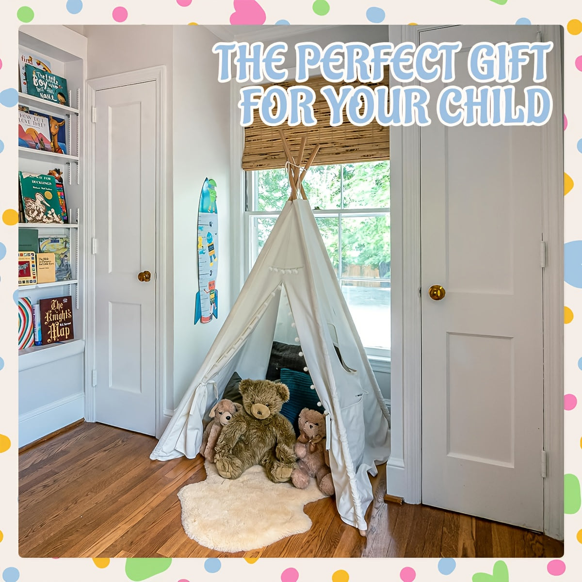 Kids Teepee Tent for Girls Boys, Indoor Outdoor Play Tent with Washable Fabric, Nordic Princess Conical Playhouse for Bedroom Backyard, Birthday Christmas Gift Ages 3+ (No Padding)